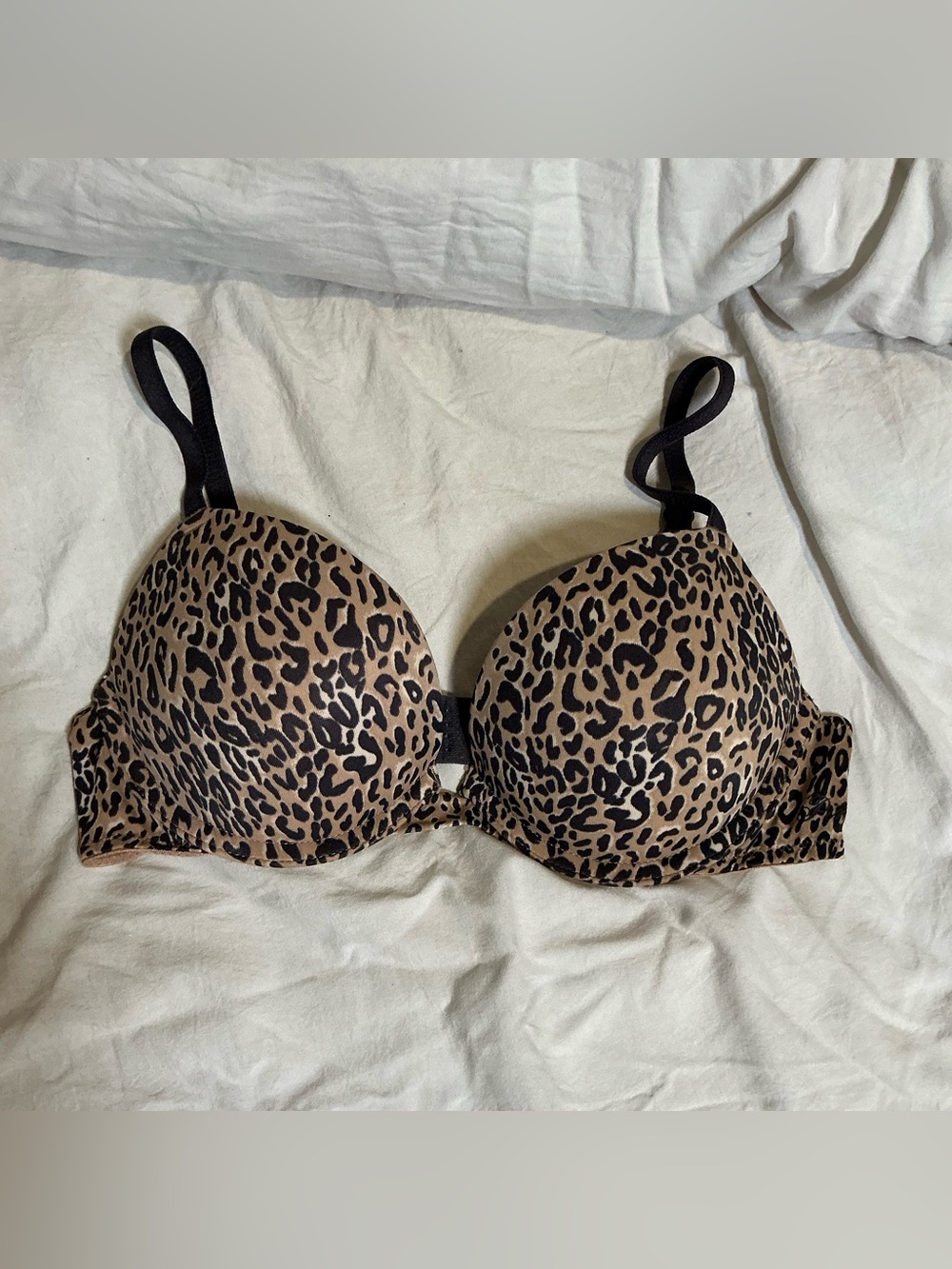victoria’s secret pink praline leopard print super push up bra, size 32b